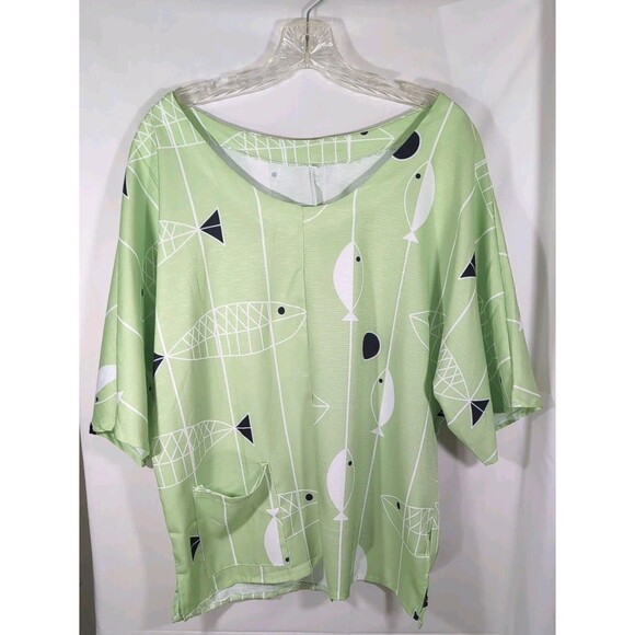 Miss look Blouse Fish Print Short Sleeve Pocket Detail Womans Size XL - Picture 2 of 16